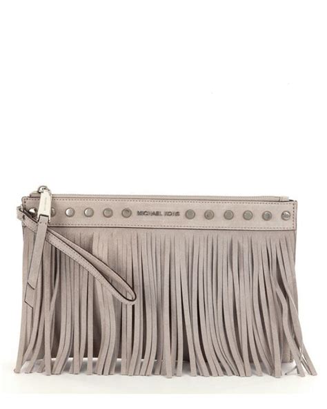 NWT Michael Kors Billy XL Cement Fringe Suede Zip Clutch 8